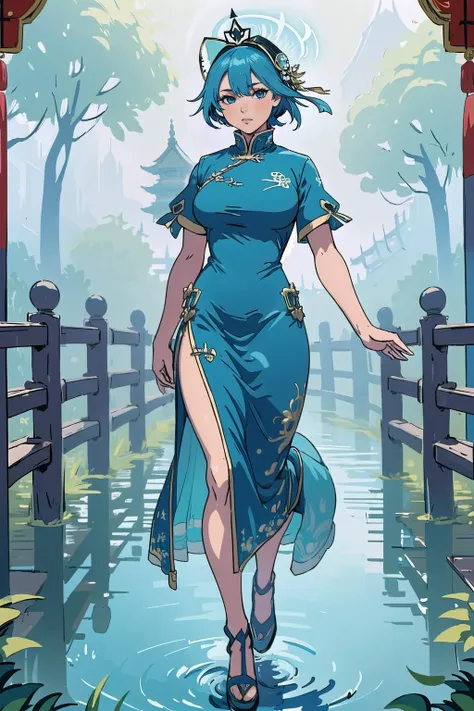 (masterpiece, best_quality, ultra-detailed, immaculate:1.3), epic, illustration, welcoming, 1girl, pirate, blue hair, French Roll, (full body:1.3), [:sexy costume design:0.2], , in a aquatic, spring smithy, (china dress:1.2), arm behind back / arms behind ...