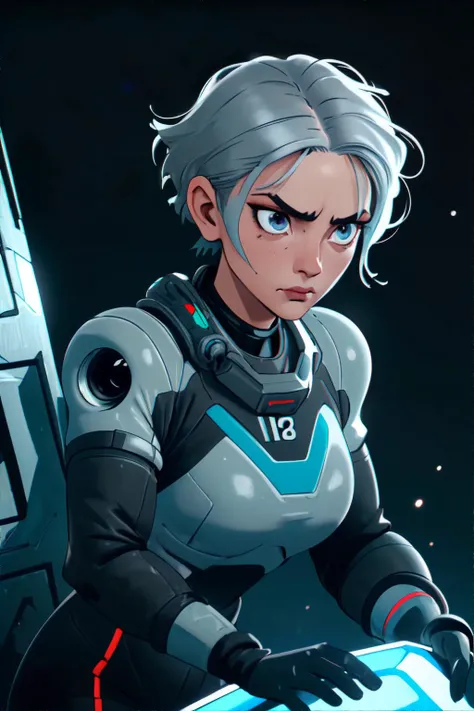 <lora:tomboy:1.0> tomboy woman, short charcoal gray hair, wearing Wearing an energy absorption shielding spacesuit: specialized attire, energy-absorbing shield, radiation dissipation, hostile environment protection., masterpiece, 8k, high resolution, shall...