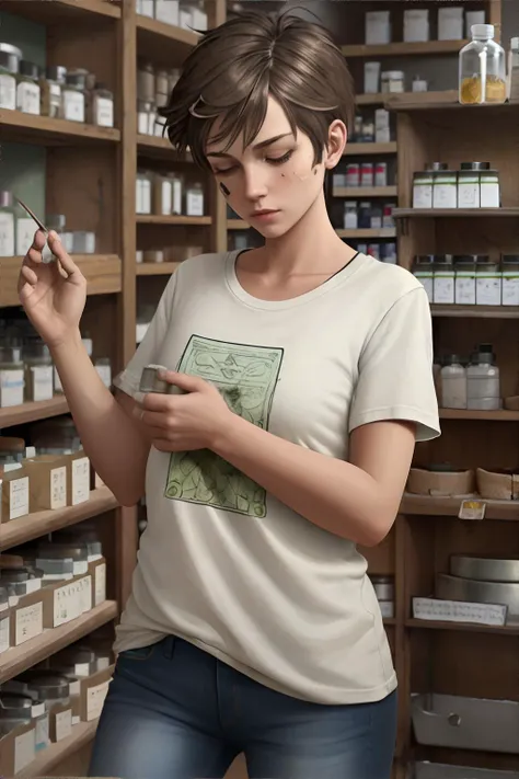 <lora:tomboy:1.0> tomboy woman, t-shirt, jeans, short hair, village apothecary, shelves of herbs, healing remedies, wise herbalist, calming scents, masterpiece, 8k, high resolution, shallow depth of field, sharp focus