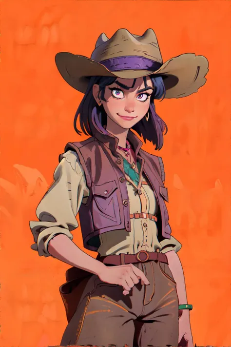 a drawing of a woman in a cowboy hat and vest