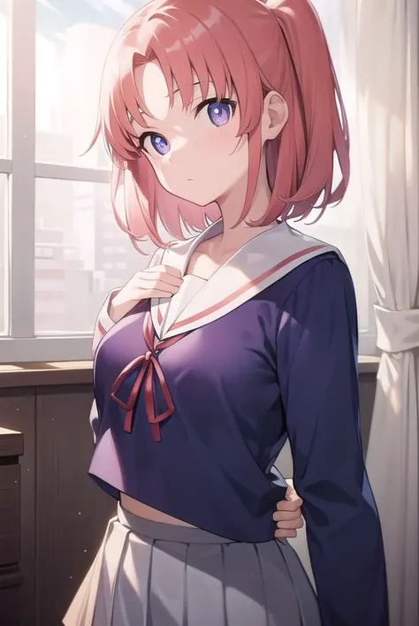 kobeniyonomori, <lyco:kobeniyonomori-lyco-nochekaiser:1>,
kobeni yonomori, (purple eyes:1.1), pink hair, short hair, two side up,
BREAK school uniform, serafuku, sailor collar, white sailor collar, blue shirt, long sleeves, skirt, grey skirt, pleated skirt...