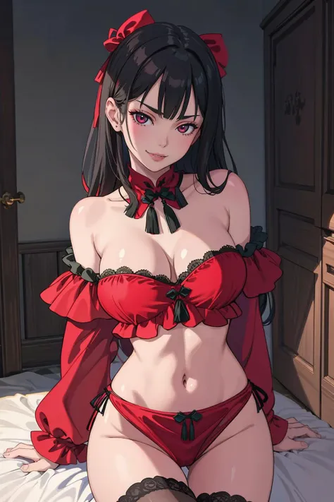 ((Masterpiece, best quality)), edgQuality,smug,smirk,
edgCoquine,woman ,wearing edgCoquine,(red lingerie,strapless,panties,off shoulder)
 <lora:edgCoquine_MINI:1>