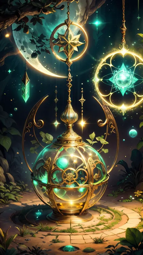 (Bronze color), naturemagic Astral whispers,moon,Harmonious synthesis,synthesis,labyrinth,Celestial fragments,pulsar,interplay,labyrinth,Ethereal luminosity,stars,cosmos,Serendipitous melodies,glow,circles magical energy  fantasy <lora:NatureMagic-20:0.8>