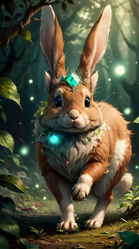 (Mahogany color), naturemagic a rabbit with glowing eyes hopping through an enchanted forest magical energy Iridescent dreams, harmony, fantasy <lora:NatureMagic-20:0.8>