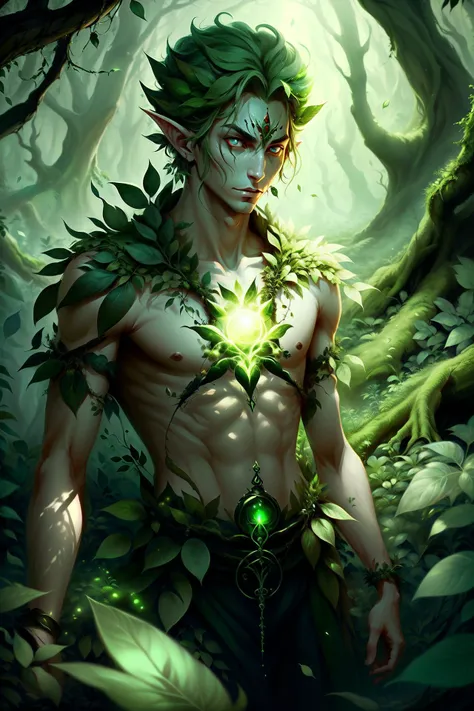 a man with green hair and a green leafed body stands in the woods