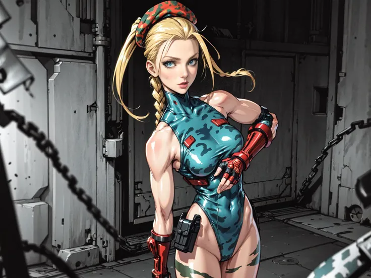 masterpiece, best quality, highres, 1girl, cammy white, twin braids, long hair, blonde hair, antenna hair, beret, (red headwear:1.3), blue eyes, scar on cheek, neon leopard print leotard, large breasts, sleeveless, red gloves, fingerless gloves, (digital c...