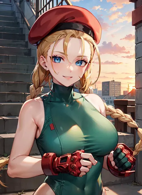 ((best quality)), ((highly detailed)), masterpiece, absurdres, (detailed eyes, deep eyes), (1girl), upper body, <lora:cammy_white_v1:.75>, cammy white, twin braids, long hair, blonde hair, antenna hair, blue eyes, scar on cheek, large breasts, smiling, ber...