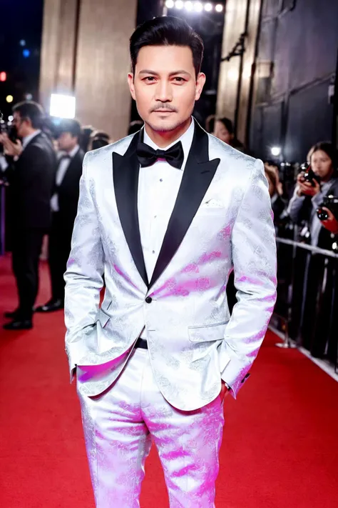 a men as a movie star, (portrait:1.2), (half body:1.2),(face focus:1),  modelshoot style, (extremely detailed CG unity 8k wallpaper), Intricate, High Detail, Sharp focus, dramatic, ((movie premiere gala)), ((standing on the red carpet)), ((paparazzi in the...