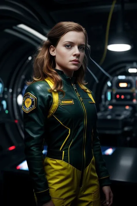 a cinematic movie still of beautiful(J4n313vy:1.1) woman,as a nuclear engineer,wearing (yellow flightsuit:1.2),(wielding a plasma torch:1.3),long hair,(dramatic action pose),working inside a (futuristic nuclear fusion plant:1.4),surrounded by (glowing gaug...