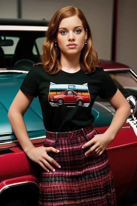 a realistic photograph of beautiful(J4n313vy:1.1) woman as a young beach babe,wearing burgundy pageboy,wearing rock concert T-shirt,maxi skirt,beaded bracelets,standing in a (1970s car dealership:1.2) showroom filled with colorful and stylish muscle cars,d...