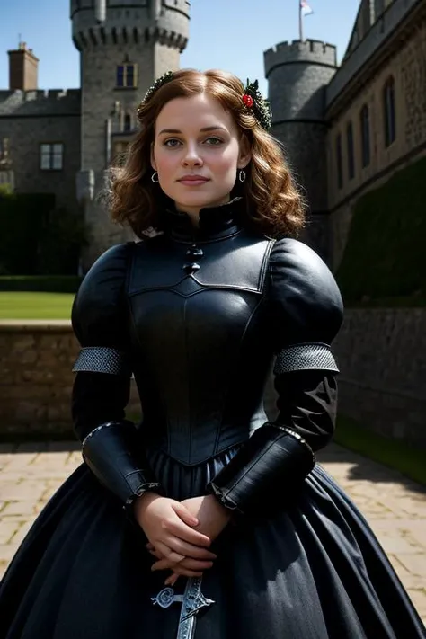 a realistic photograph of beautiful(J4n313vy:1.1) woman in a (1840s Victorian era ballgown|suit of armor:0.6) in the fashion of (armor battle dress:1.2),posing for a picture,standing in front of a (medival castle:1.3),[victorian dress|armor:0.7],4K,Masterp...