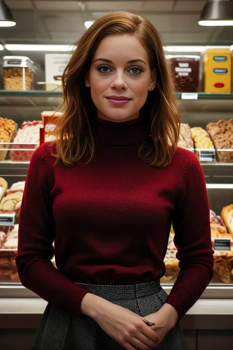 a realistic photograph of beautiful(J4n313vy:1.1) woman wearing a red turtleneck sweater dress,standing at the counter of a (New York City delicatessen:1.1),coldcuts in display case behind,looking at viewer,smiling,variety magazine photoshoot,medium body s...