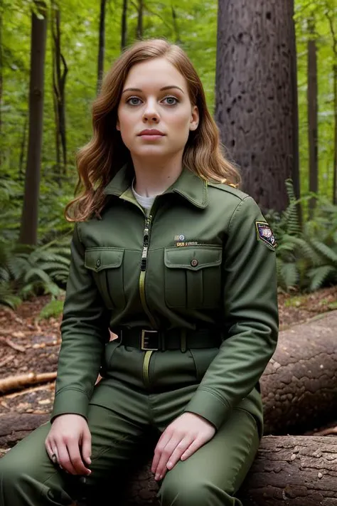 a professional photograph of beautiful(J4n313vy:1.1) woman,as a forest ranger,wearing a (fern green) ranger uniform,(sitting on a fallen tree log:1.2),(a raccoon:1.3)nearby,(deer walking behind:1.4),along a hiking trail,in a pine forest,(light streaking th...