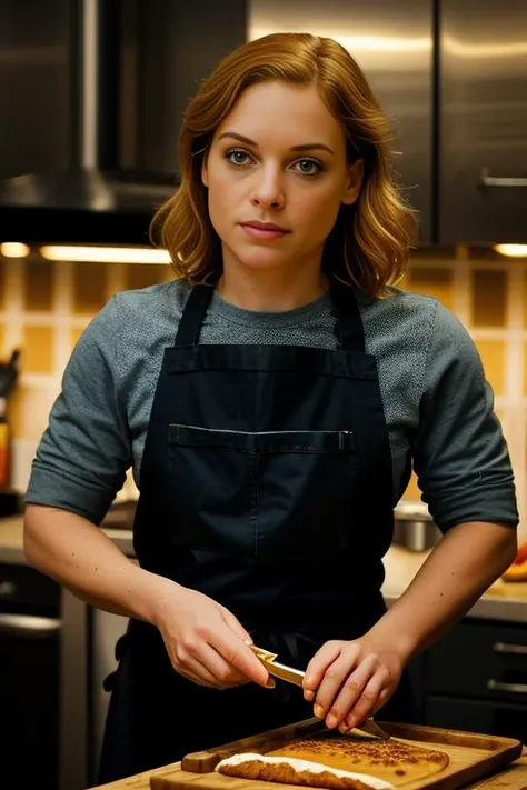 a realistic photograph of beautiful(J4n313vy:1.1) woman,as a skilled chef, wearing an sous chef apron, culinary expertise and creativity, in a bustling restaurant kitchen, filled with the aroma of delicious dishes, meticulously preparing a gourmet meal, cu...