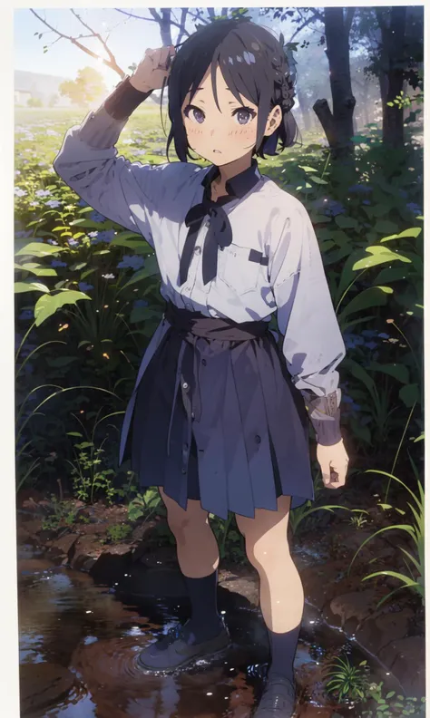 anime character in a short skirt and shirt standing in a stream