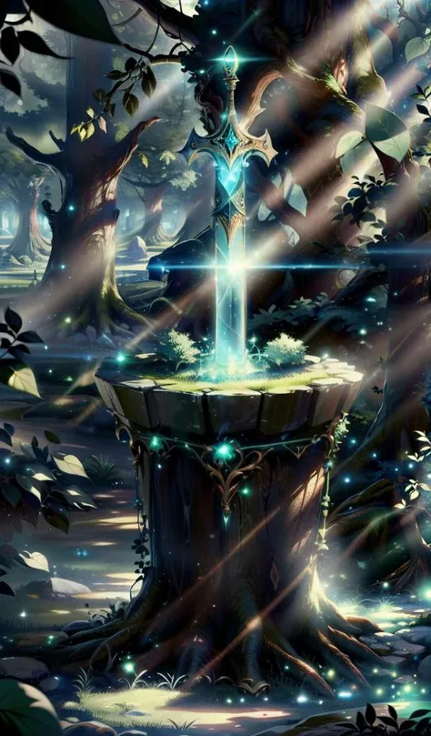 a fountain in the middle of a forest with a light shining from it