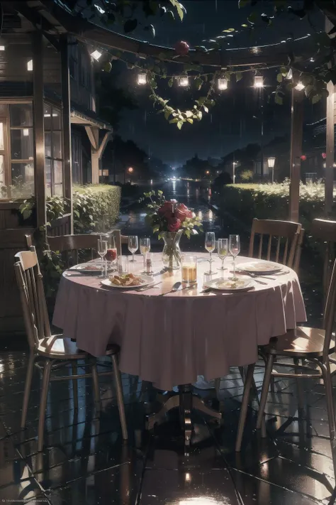 there is a table with a white table cloth and a vase of flowers