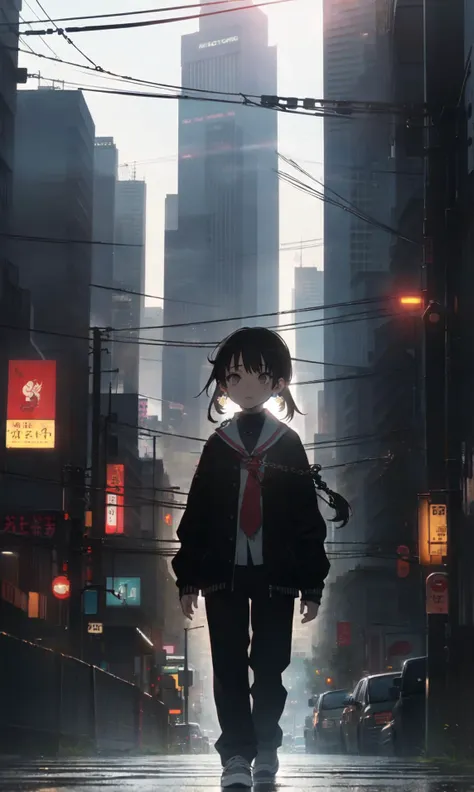 anime girl walking down a city street in the rain