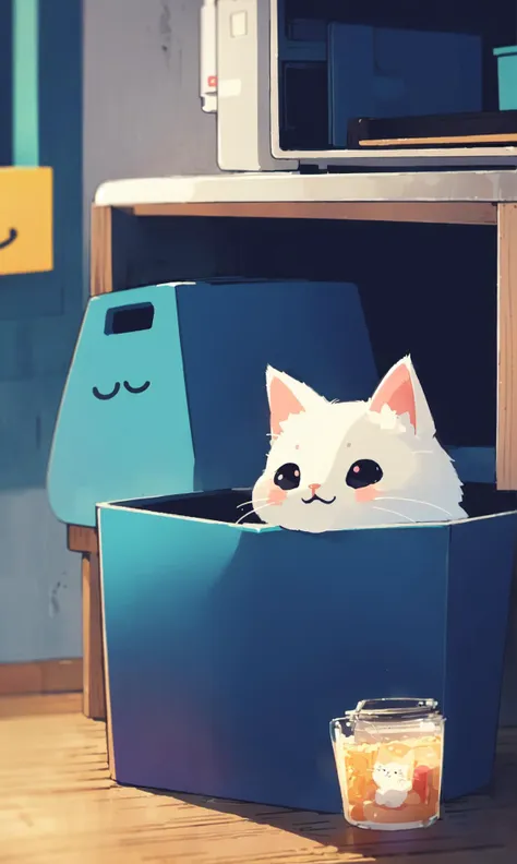 there is a cat sitting in a box with a drink in it