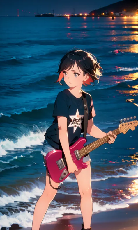 Rock Star,1girl,Playing fender electric guitar,short sleeve,Shorts,Beach,Night,beveled short hair,