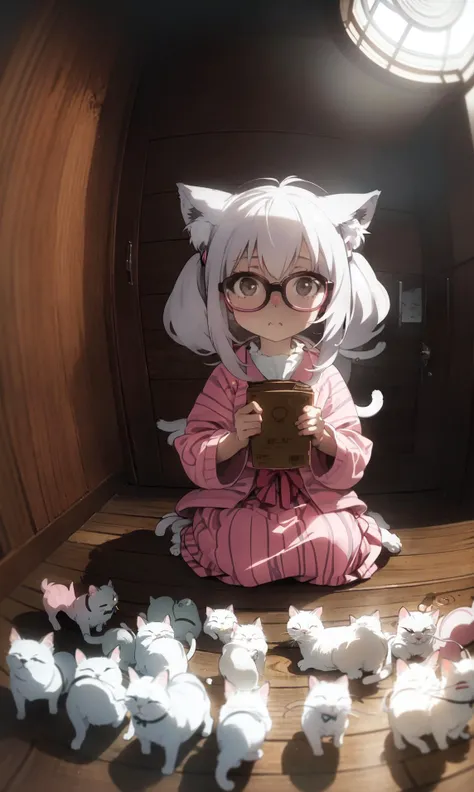 A girl with glasses, surrounded by many white cats, barroco, anime aesthetic, cats fill the picture, Cat lady, animal ear lady, fisheye shot,artistic conception scene,yuko shimizu style, emily kame kngwarreye, mark catesby