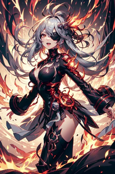 <lora:NemsisToweroFantasyV9_54566:1> Nemesis, hair over one eye, crazy smile,  open mouth,  facing viewer,   <lora:FireFashion:0.7> FireFashion, made of fire and flame,, ultra detailed, masterpiece, best quality, aesthetic, detailed,