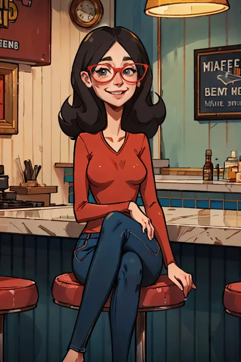 linda, black hair, black eyes, red-framed eyewear, red shirt, long sleeves, jeans, looking at viewer, smiling, sitting, legs crossed, on stool, inside diner, counter, bright lighting, high quality, masterpiece, <lora:lindaBB1.0:.7>