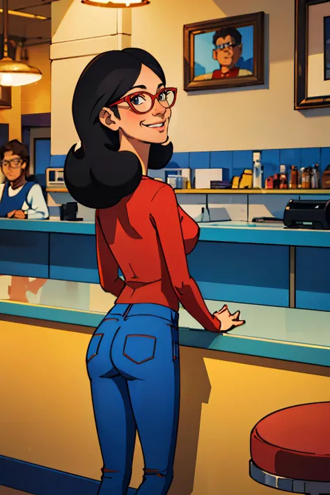 linda, black hair, black eyes, red-framed eyewear, red shirt, long sleeves, blue pants, looking at viewer, smiling, leaning, on counter, inside diner, from_behind, crowd, masterpiece, <lora:lindaBB1.0:.7>