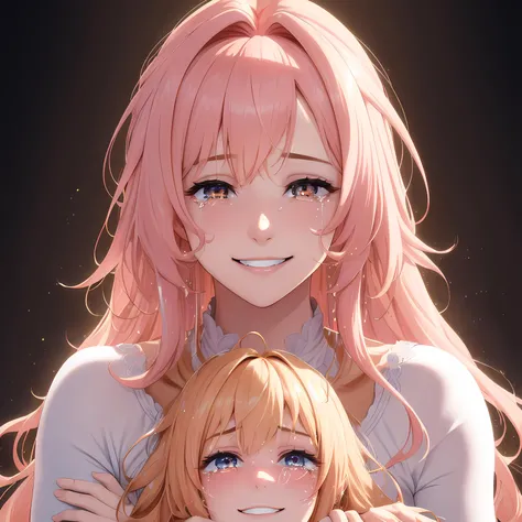 insane details, masterpiece, 8k, Ultrarealistic, person made of light, tears, mother, hugging person made of light, bright, joy, smile, sad smile, Caramel Giant hair, dripping with light pink