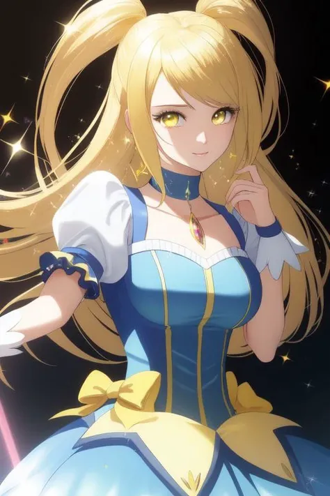 (kanamemadokaoutfit:1.2), (samus aran:1) dressed in (puffy (blue and yellow) magical girl outfit:1.2), (long straight blonde hair), magical girl, (perfect face, beautiful face, symmetric face), (sparkles, sparkling hair, sparkling clothes, sparkles around ...