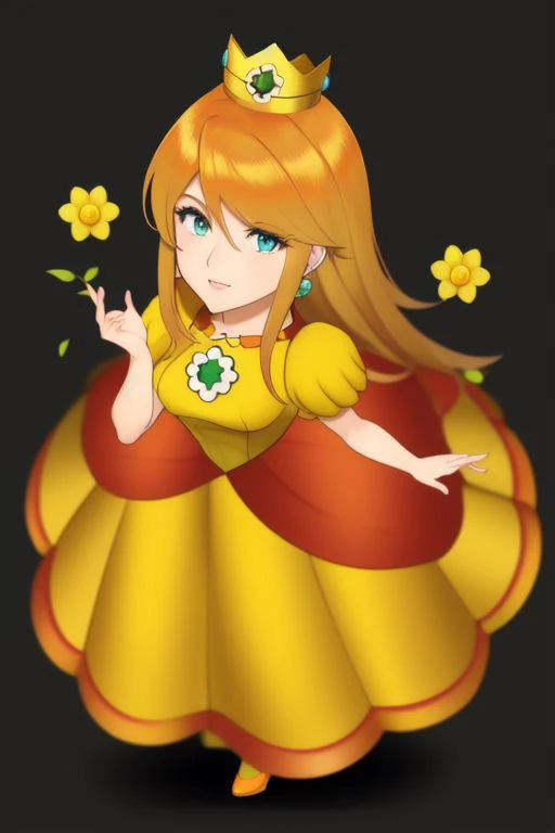 professional detailed (full body) photo, (samus aran) dressed in (puffy yellow and orange daisydress), (long straight hair), (puffy short sleeves, jewelry, dress, princess crown, flower brooch), masterpiece, best quality, 1girl, (perfect face, beautiful fa...