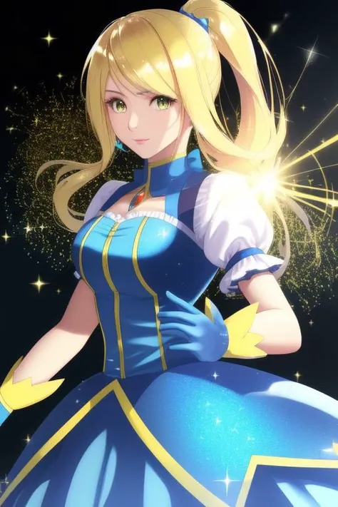 (kanamemadokaoutfit:1.2), (samus aran:1) dressed in (puffy (blue and yellow) magical girl outfit:1.2), (long straight blonde hair), magical girl, (perfect face, beautiful face, symmetric face), (sparkles, sparkling hair, sparkling clothes, sparkles around ...