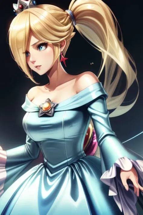 professional detailed (medium shot) photo, (samus aran) dressed in (satin (blue dress:1), (blonde ponytail), (jewelry, rosalinas blue dress, princess crown, jewel brooch, long frilly sleeves), (perfect face, beautiful face, symmetric face), (shiny glossy t...