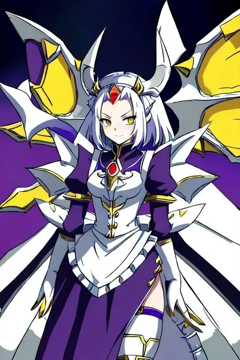 a woman in a white and purple outfit with a sword