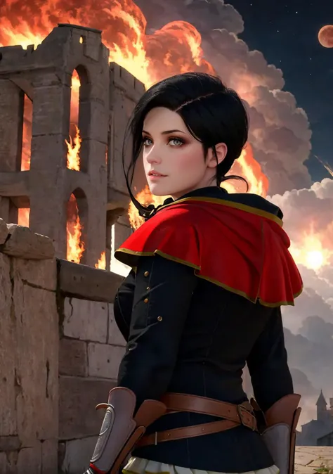 masterpiece, best quality, beautiful, 1girl, side view, syanna, red capelet, black suit, long sleeves, gloves short hair, black hair, beauty mark, castle, fire, burning village, night, lunar eclipse, starry sky, looking at viewer, alluring, <lora:Degen-Sya...