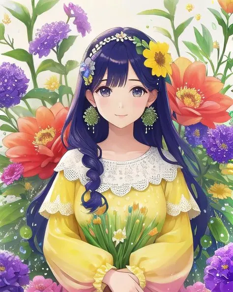 fruit and flowers girl, flowers in hair, huge gorgeous flowers, (dew droplets)1.2, flowers covered in dew, luscious fruit, yellow purple green and blue, colorful, insanely detailed dress, patterned dress, big butterfly, masterpiece, 8k, highest quality, tr...