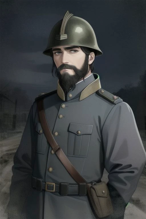 A man, male, tall, beard, dirty, night, night sky, midnight, outside, mud, dirt, trenches, french uniform, ww1, helmet, blue uniform, enlisted