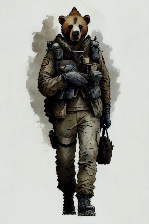 a drawing of a bear in a military outfit walking