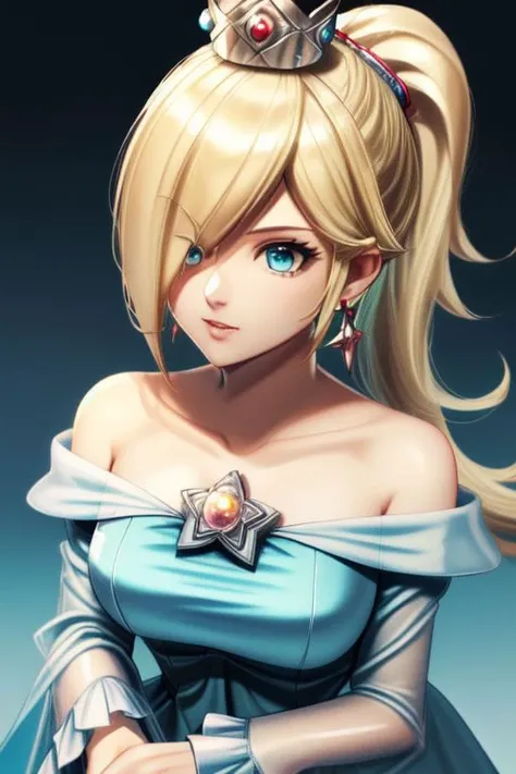 professional detailed (medium shot) photo, (samus aran) dressed in (satin (blue dress:1), (blonde ponytail), (jewelry, rosalinas blue dress, princess crown, jewel brooch, long frilly sleeves), (perfect face, beautiful face, symmetric face), (shiny glossy t...