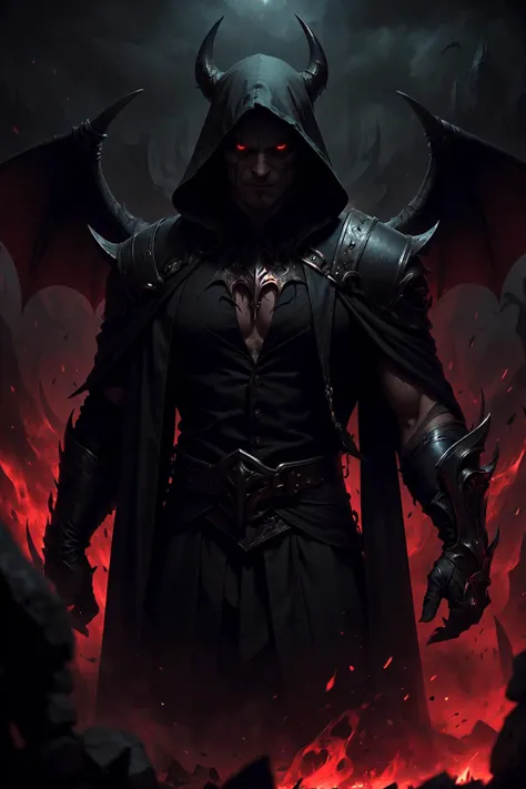 a man in a black robe with horns and a demon face