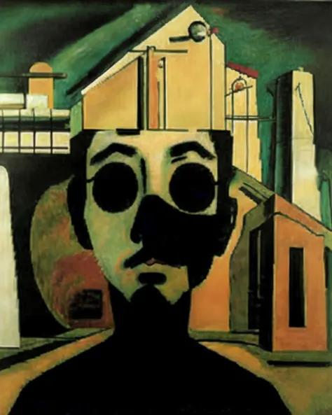 painting of a man with a large head and a building in the background