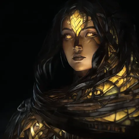 (dark, dimly lit, low key, shurima, stained glass:1),  dramatic light,  <lora:shurima-1:1>, a close up of a sculpture of a beautiful woman in a pitch dark room, amber eyes, tanned skin, long flowing scarf, ancient glyphs, mysterious symbols, historical art...