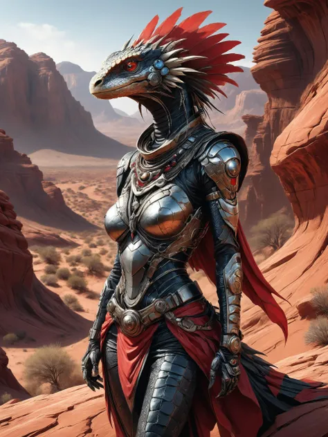 a woman in armor standing in the desert with a dragon head