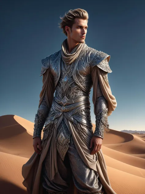 a man in a silver outfit standing in the desert