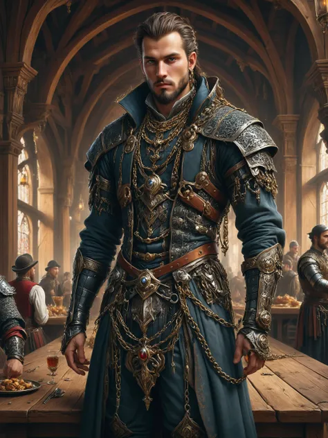 a man in a medieval outfit standing in front of a table