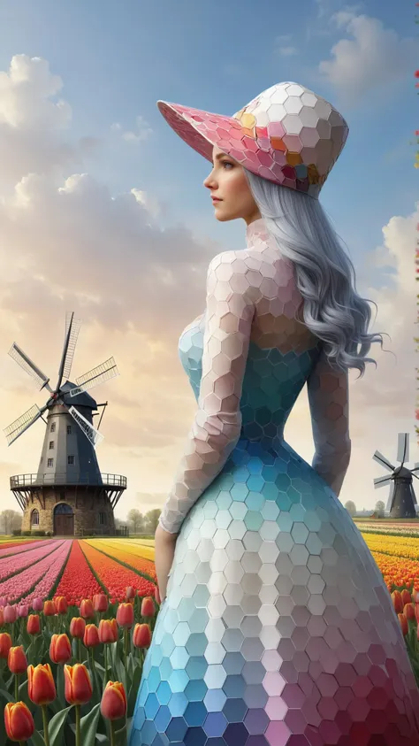 a close up of a woman in a dress and hat in a field of tulips