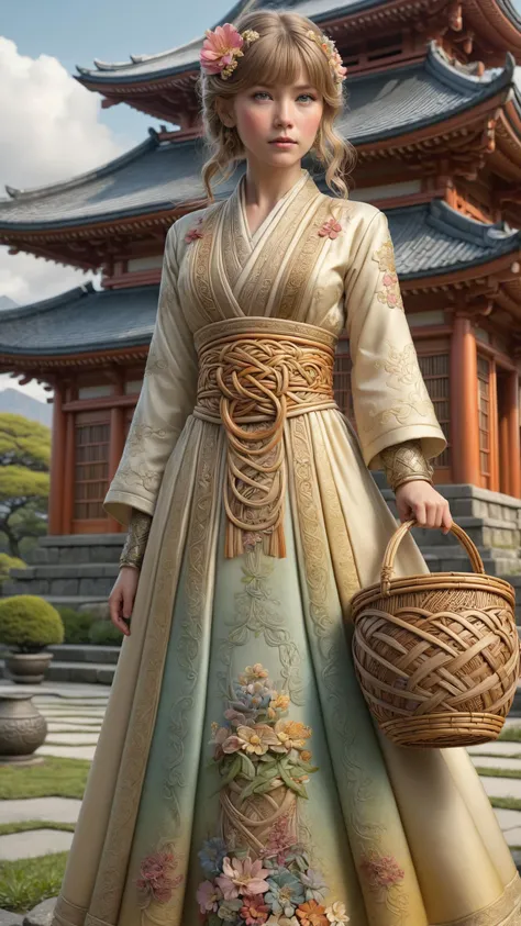 a woman in a traditional dress holding a basket in front of a pagoda