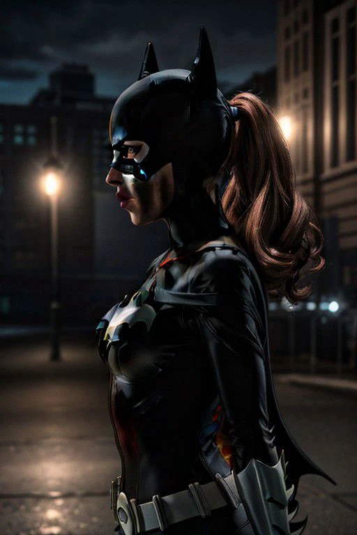 a woman in a batman costume standing on a street at night