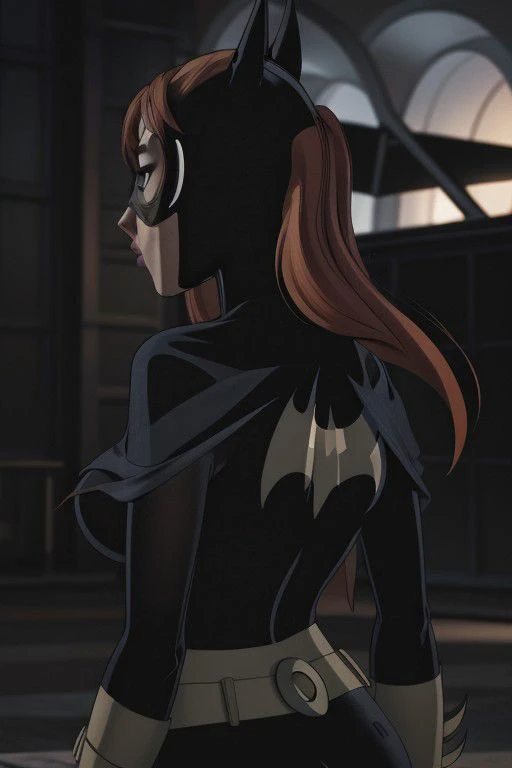 a woman in a batman costume standing in front of a building