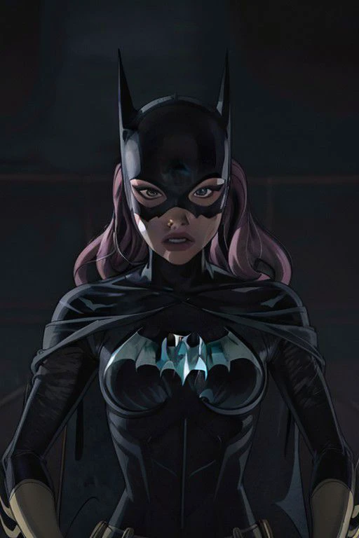 a woman in a batman costume standing in front of a dark background